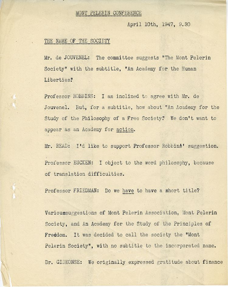 Mont Pelerin Conference: The Name of the Society from April 10 1947. From the Friedrich A. von Hayek Papers, Hoover Institution Archives.