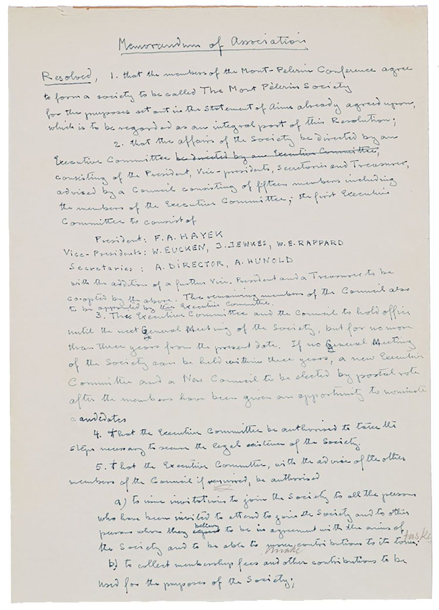 Memorandum of Association by Friedrich von Hayek, circa 1947. From the Mont Pelerin Society Records, Hoover Institution Archives.