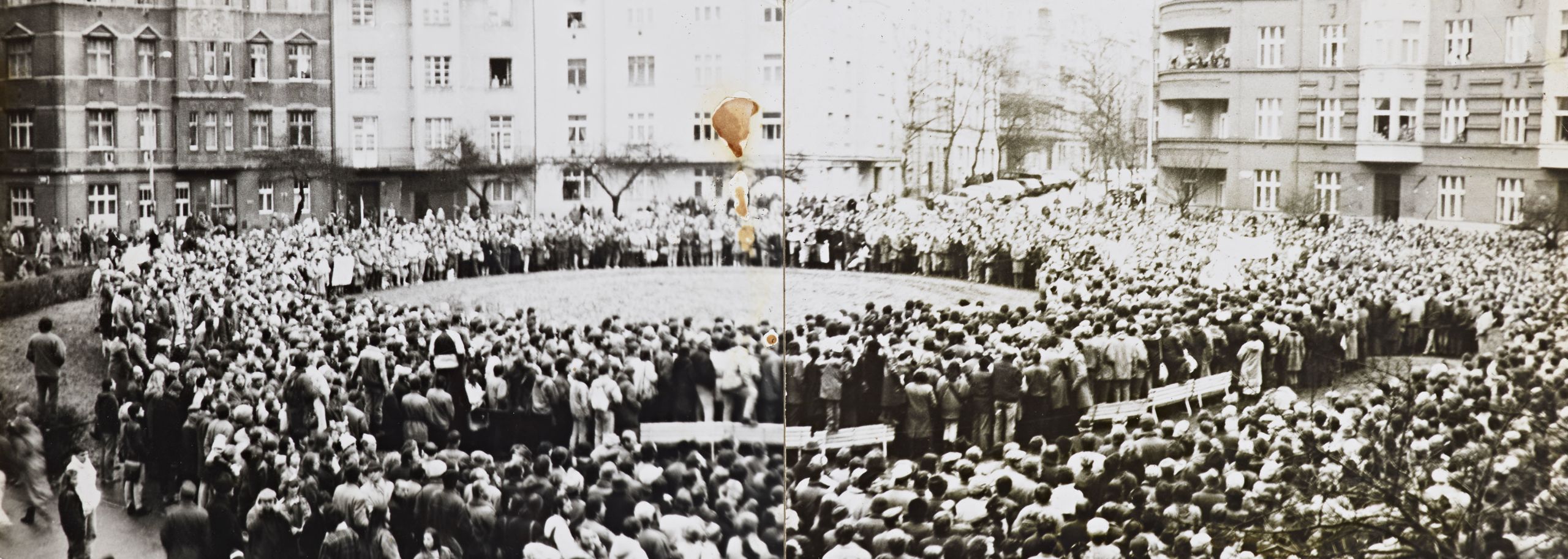 Photograph of human rights demonstration, Czechoslovakia, from December 10, 1988. From the Petruška Šustrová Papers, Hoover Institution Archives.