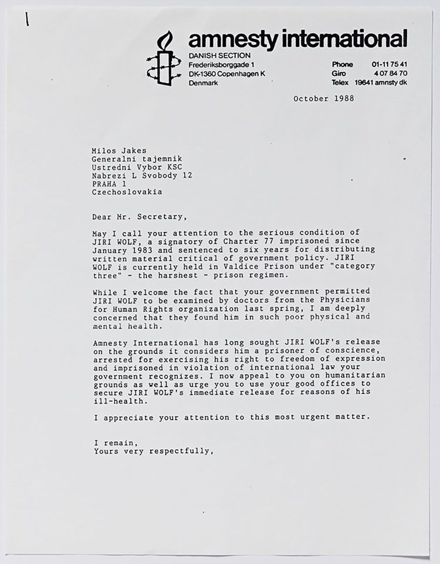 Amnesty International request for the release of Jiří Wolf from October, 1988. From the Ginetta Sagan Papers, Hoover Institution Archives.