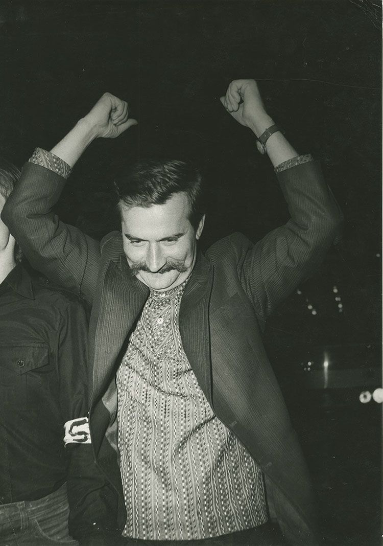 Photograph of Lech Wałęsa At The Gdańsk Shipyard Strike from 1980. From the Peter K. Raina Collection, Hoover Institution Archives.