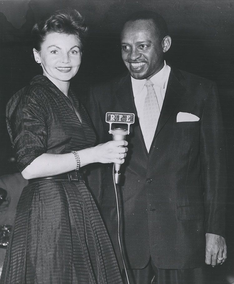 Photograph of Eva Sramkova interviewing Lionel Hampton, no date. From the Radio Free Europe/Radio Liberty Corporate Records, Hoover Institution Archives.