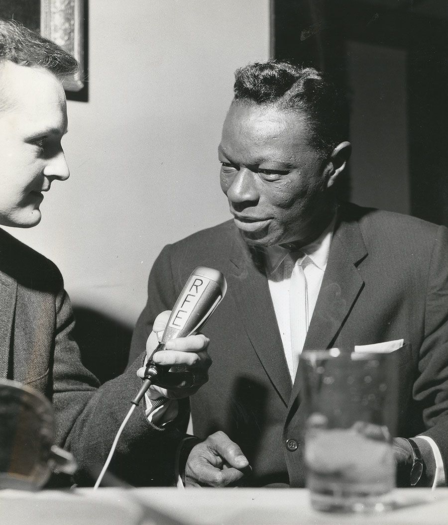 Photograph of Nat King Cole speaking with RFE in Munich, Germany, no date. From the Radio Free Europe/Radio Liberty Corporate Records, Hoover Institution Archives.