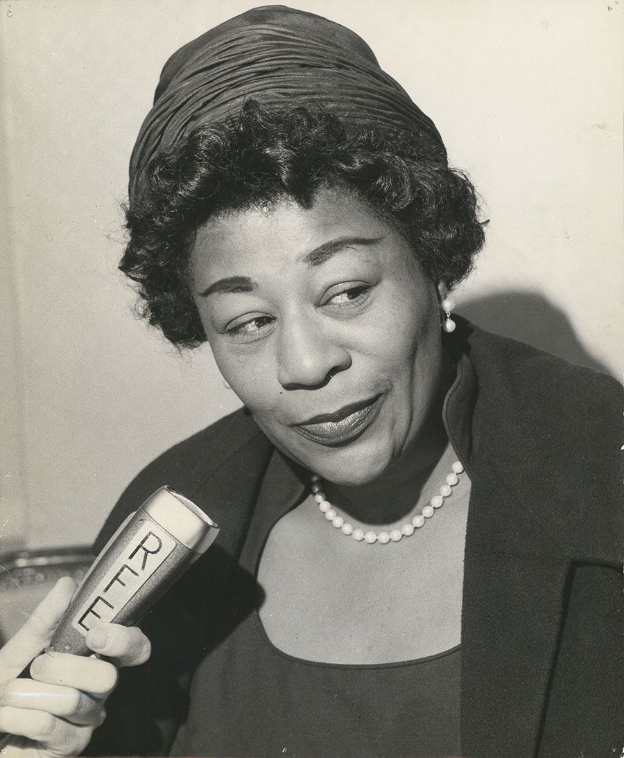 Photograph of Ella Fitzgerald speaking with RFE shortly after appearing at the Deutsches Museum, no date. From the Radio Free Europe/Radio Liberty Corporate Records, Hoover Institution Archives.